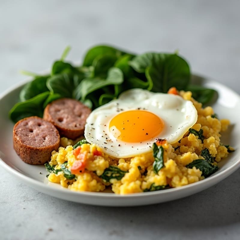 Egg White and Turkey Sausage Scramble with Sautéed Spinach