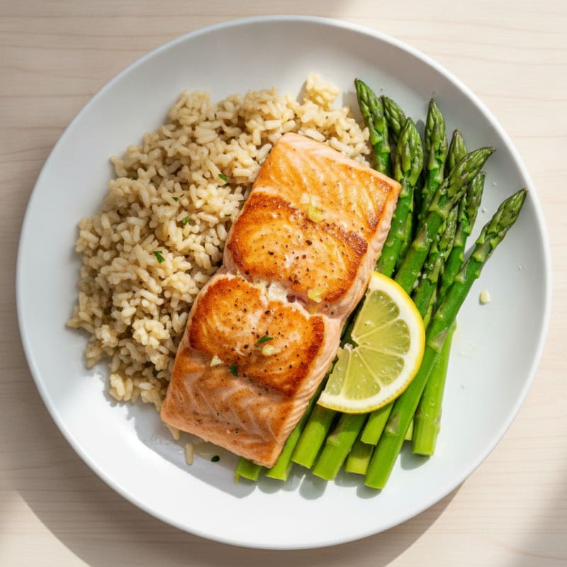 Seared Salmon with Steamed Asparagus and Garlic Brown Rice