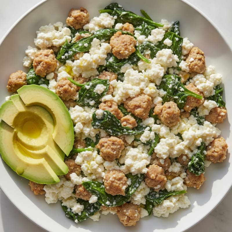 Egg White and Turkey Sausage Scramble with Spinach and Cottage Cheese