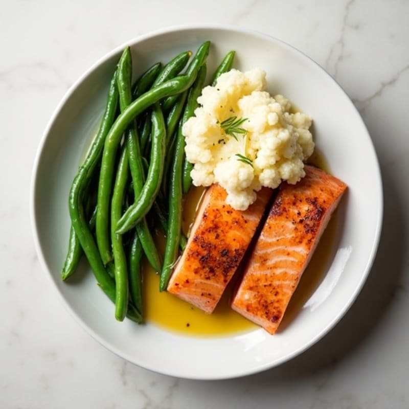 Seared Salmon with Garlic Green Beans and Mashed Cauliflower