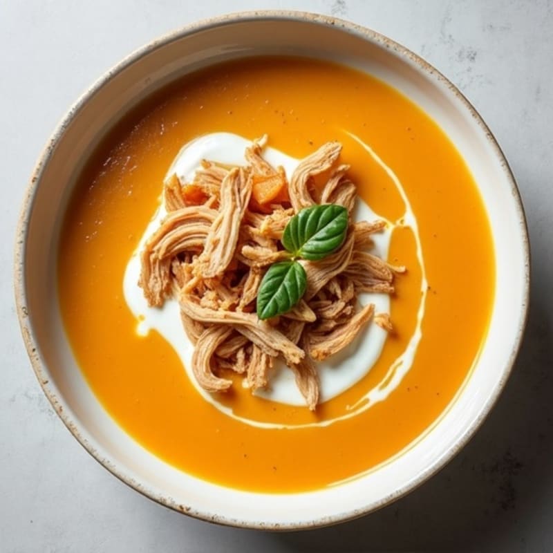 Creamy Roasted Butternut Squash Soup with Shredded Chicken and Greek Yogurt Swirl