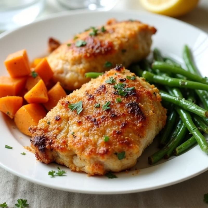 Crispy Lemon Herb Chicken Thighs with Roasted Sweet Potatoes and Green Beans