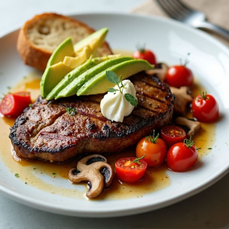 Seared Steak with Roasted Tomato and Mushroom Medley