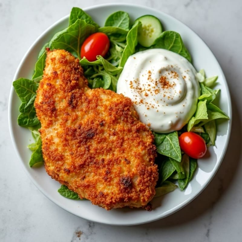 Crispy Spiced Chicken with Creamy Garlic Sauce and Fresh Salad