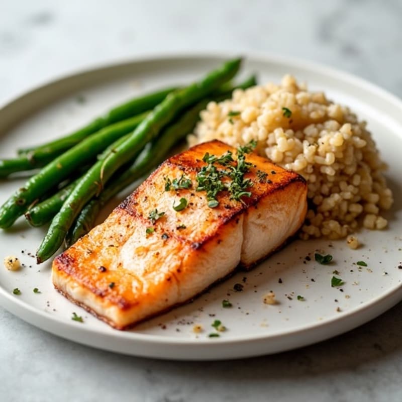 Seared Salmon Fillet with Garlic Green Beans and Brown Rice