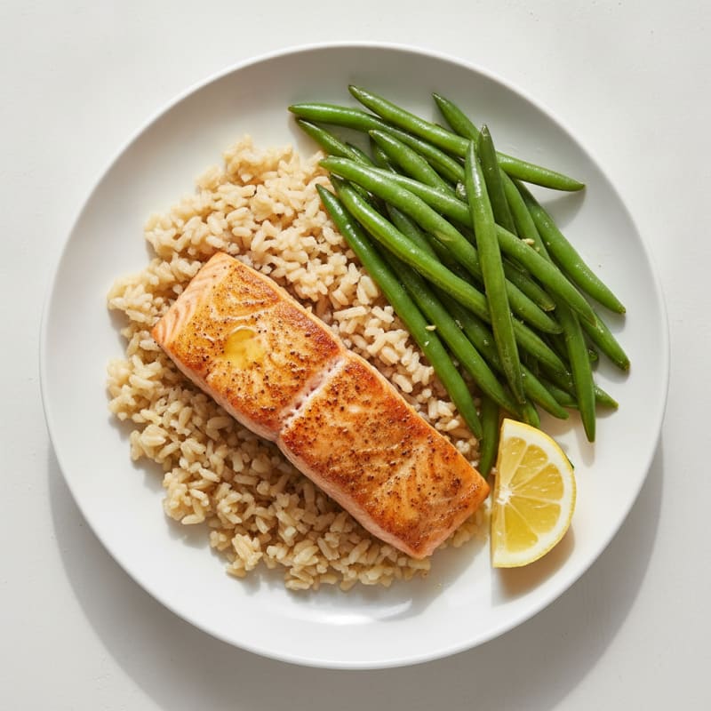Seared Salmon Fillet with Steamed Green Beans and Brown Rice