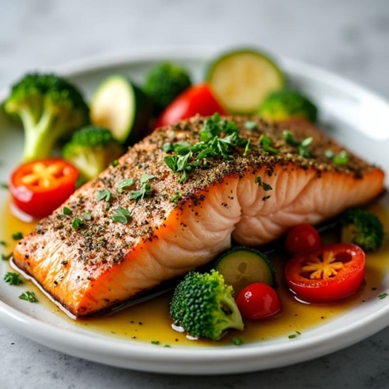 Herb-Crusted Pan Seared Salmon with Roasted Vegetables