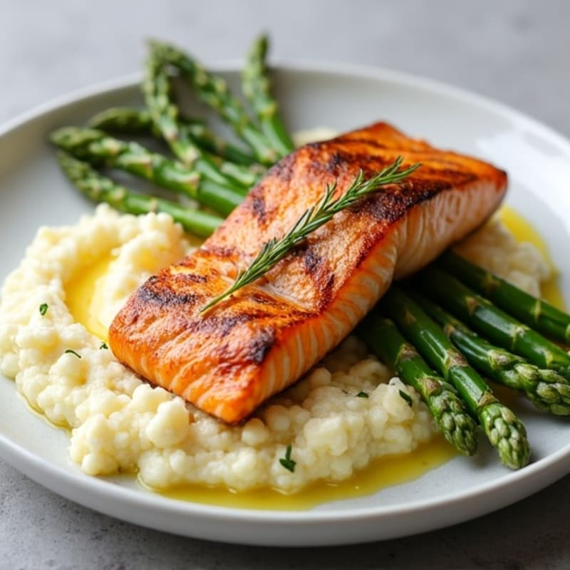 Seared Salmon Filet with Roasted Asparagus and Garlic Mashed Cauliflower