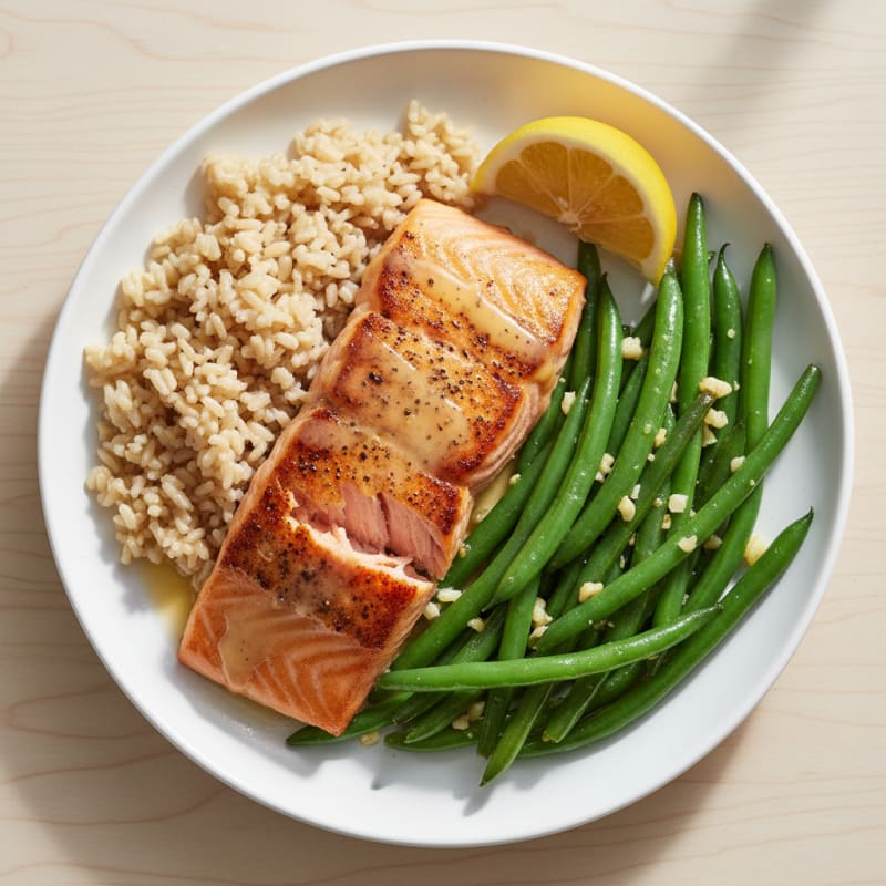 Seared Salmon with Garlic Green Beans and Brown Rice