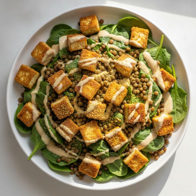 Crispy Tofu and Lentil Power Salad with Creamy Tahini Dressing