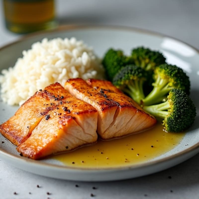 Crispy Pan-Seared Salmon with Roasted Broccoli and Fluffy White Rice