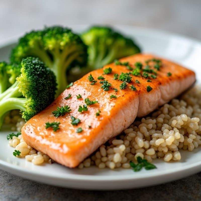 Seared Salmon with Steamed Broccoli and Herbed Brown Rice