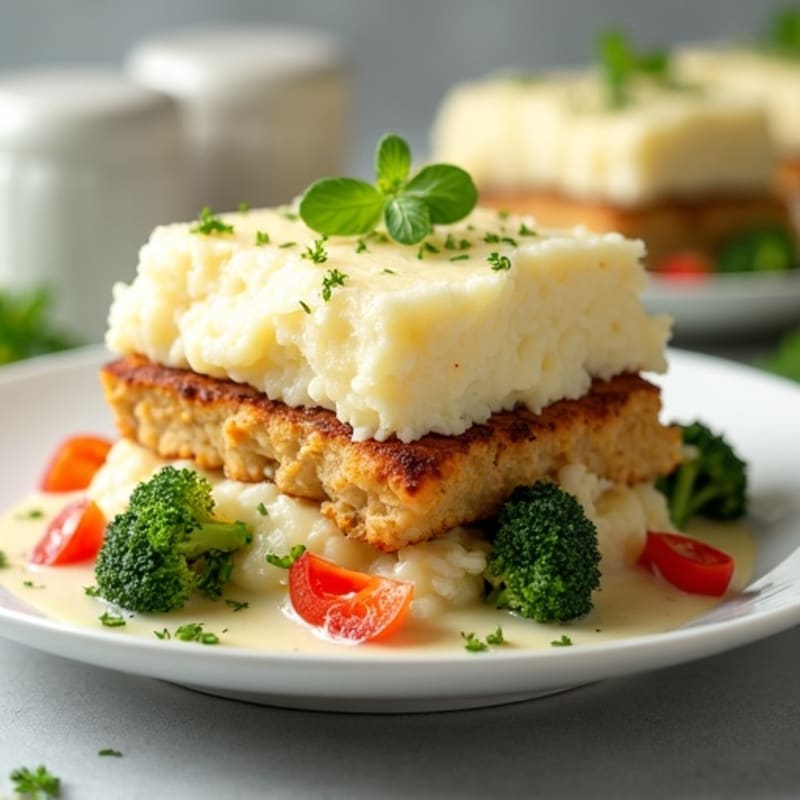 Chicken and Vegetable Creamy Bake with Fluffy Potato Topping