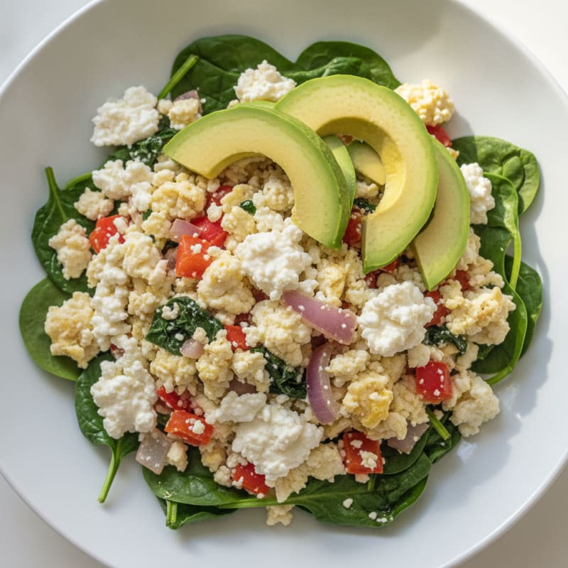 Egg White Veggie Scramble with Cottage Cheese and Sautéed Spinach