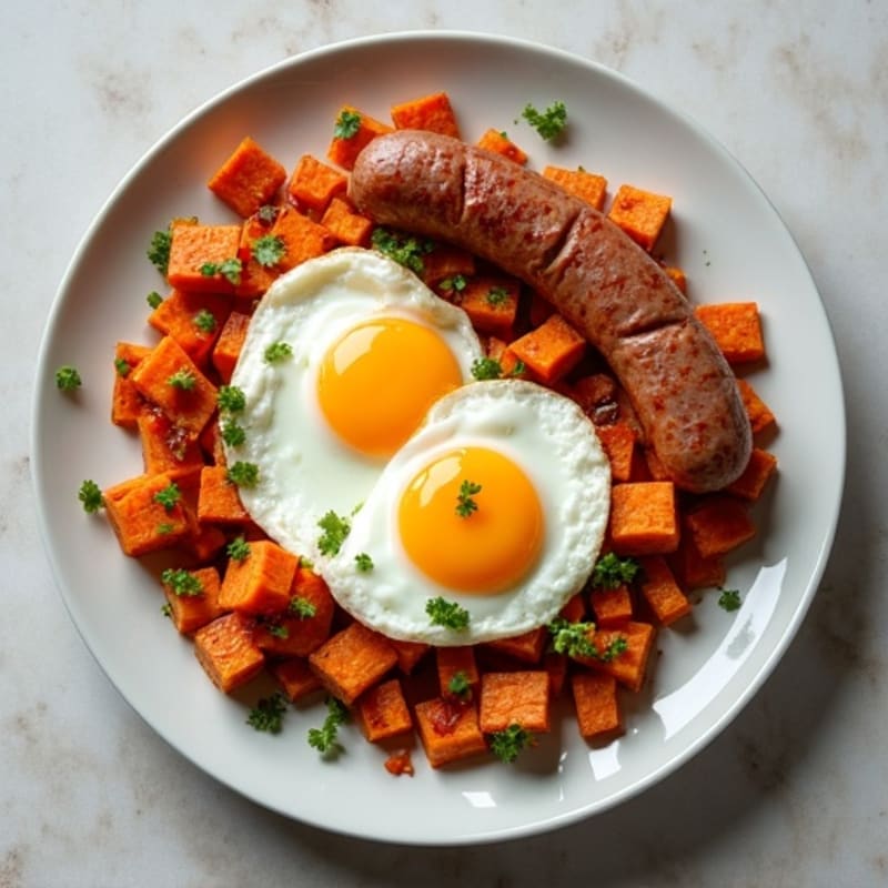 Crispy Sweet Potato Hash with Sunny Eggs and Turkey Sausage