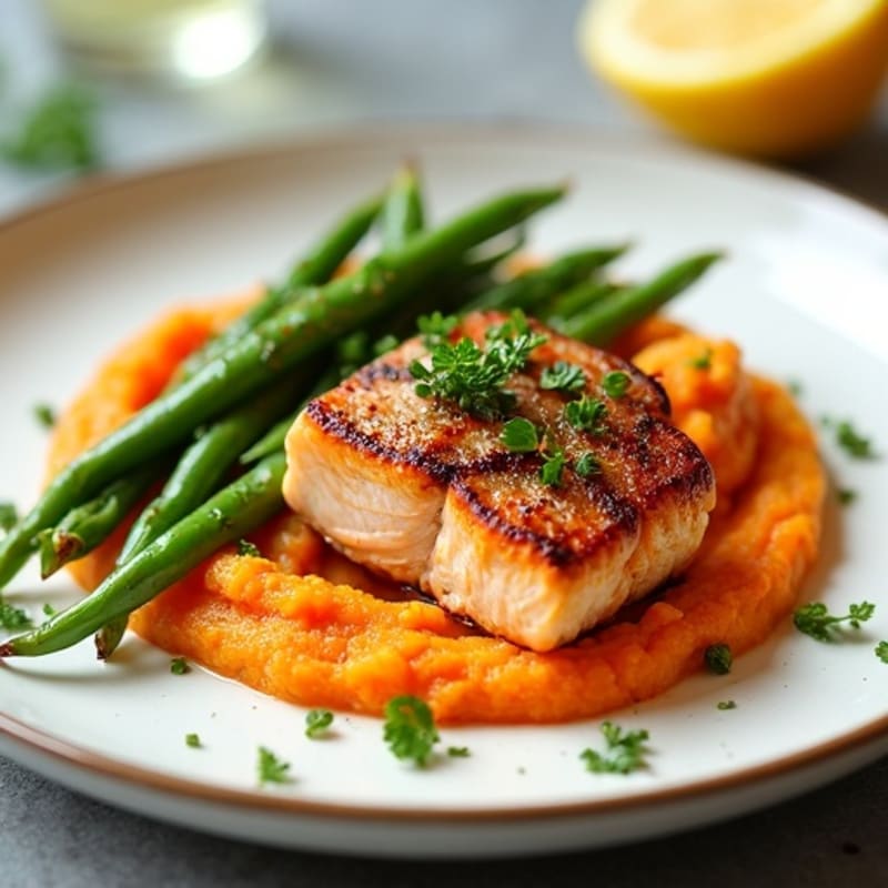 Seared Salmon with Lemon-Garlic Green Beans and Sweet Potato Mash