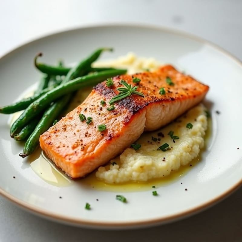 Seared Salmon with Garlic Green Beans and Cauliflower Mash