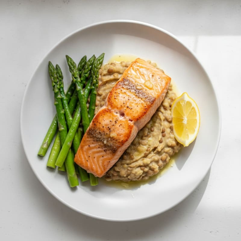 Seared Salmon Fillet with Steamed Asparagus and Lentil Mash