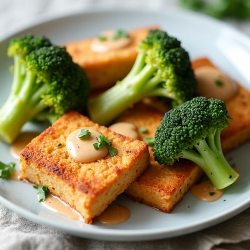 Crispy Baked Tofu with Roasted Broccoli and Creamy Peanut Sauce
