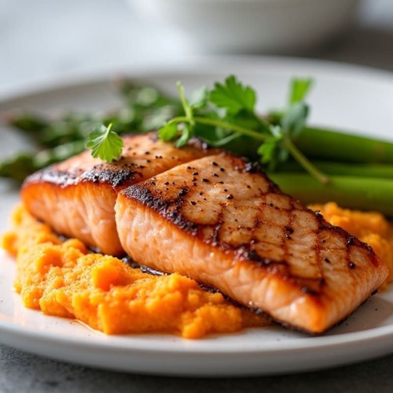 Seared Salmon with Roasted Asparagus and Sweet Potato Mash