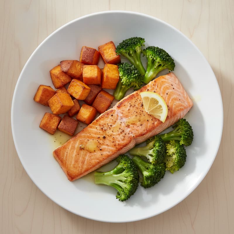 Seared Salmon with Roasted Sweet Potato and Steamed Broccoli