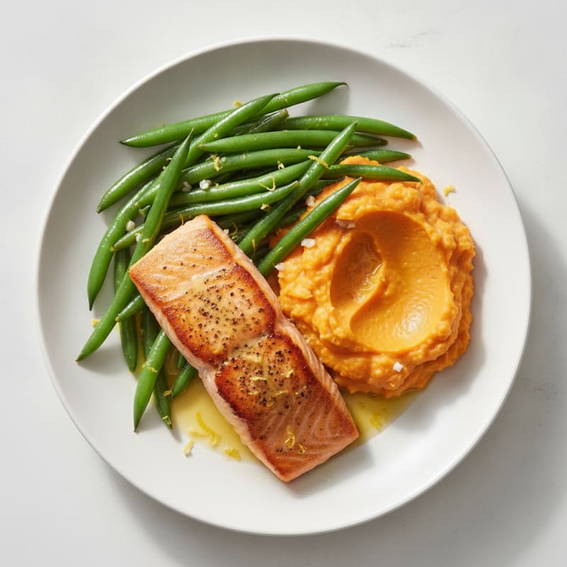 Seared Salmon with Garlic Green Beans and Sweet Potato Mash