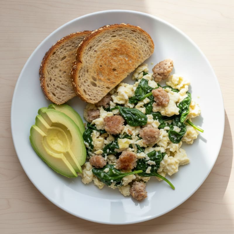 Egg White Scramble with Turkey Sausage and Spinach