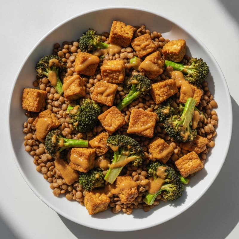 Lentil and Tempeh Power Bowl with Roasted Broccoli