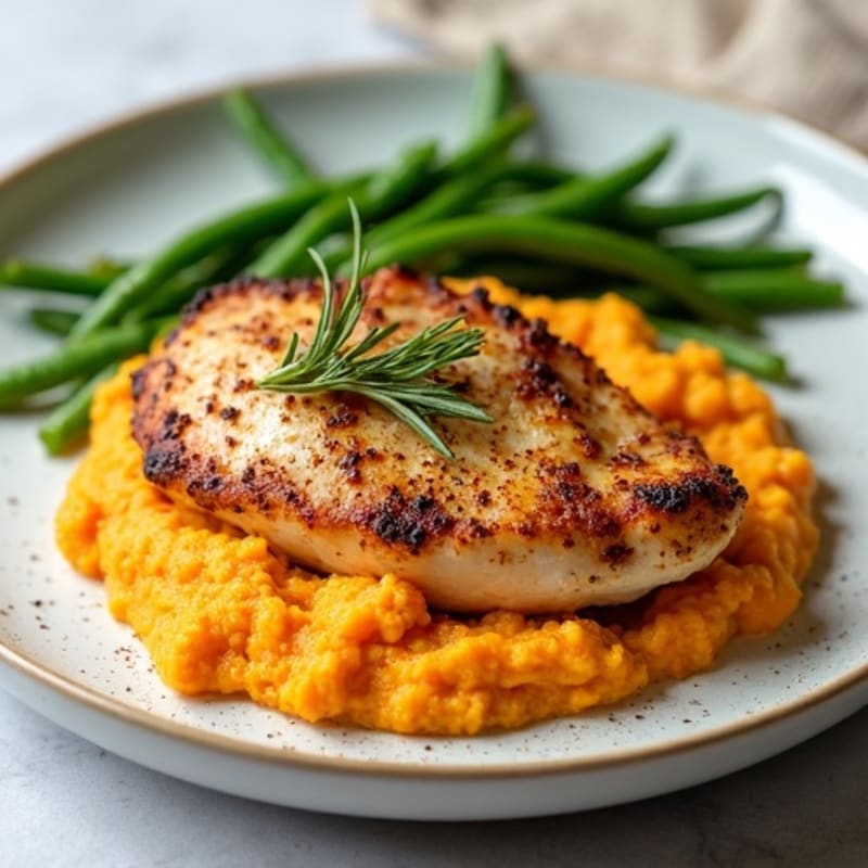 Roasted Chicken with Creamy Coconut Sugar Sweet Potato Mash and Crispy Green Beans