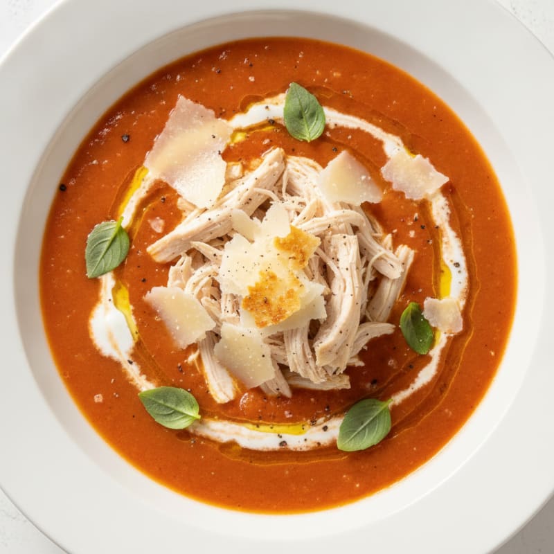 Roasted Tomato Basil Soup with Parmesan and Shredded Chicken