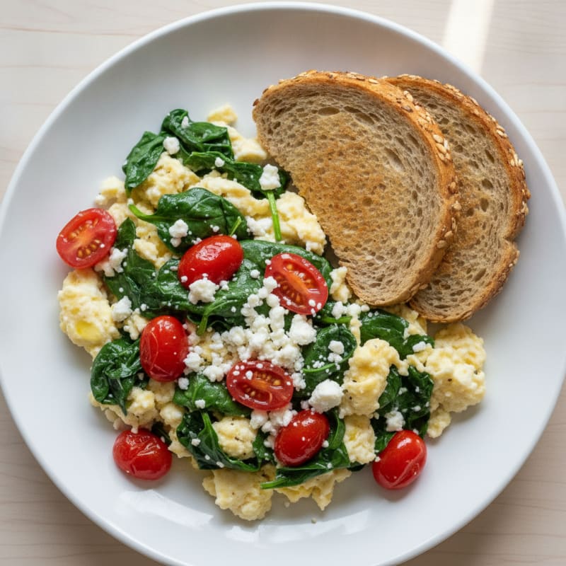 Egg White Spinach Scramble with Feta and Cherry Tomatoes