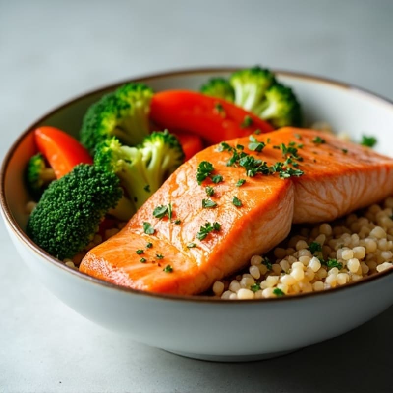 Pan-Seared Salmon and Fresh Vegetable Rice Bowl
