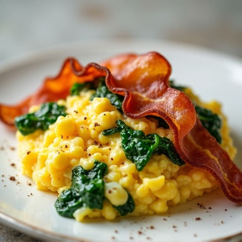 Fluffy Scrambled Eggs with Fresh Spinach and Lean Turkey Bacon