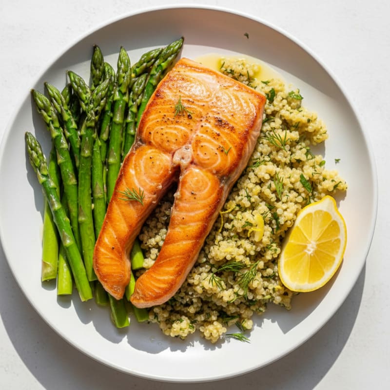 Seared Salmon Fillet with Steamed Asparagus and Lemon-Dill Quinoa