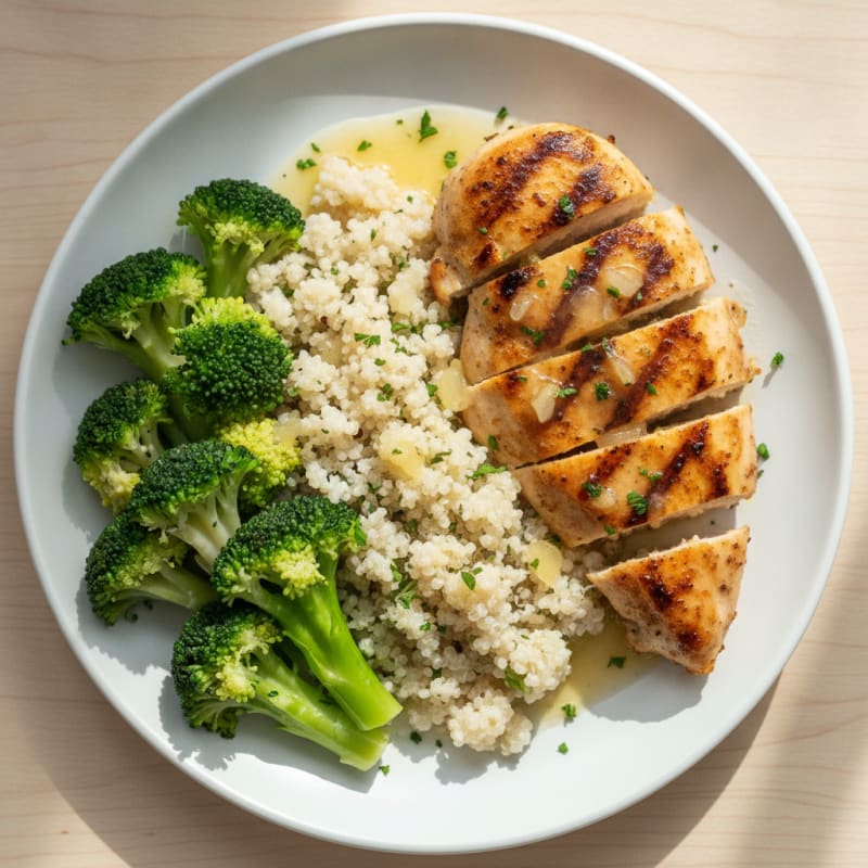 Grilled Lemon-Garlic Chicken Breast with Quinoa and Steamed Broccoli