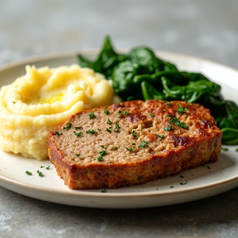 Roasted Turkey Meatloaf with Buttery Garlic Mashed Potatoes and Sautéed Spinach