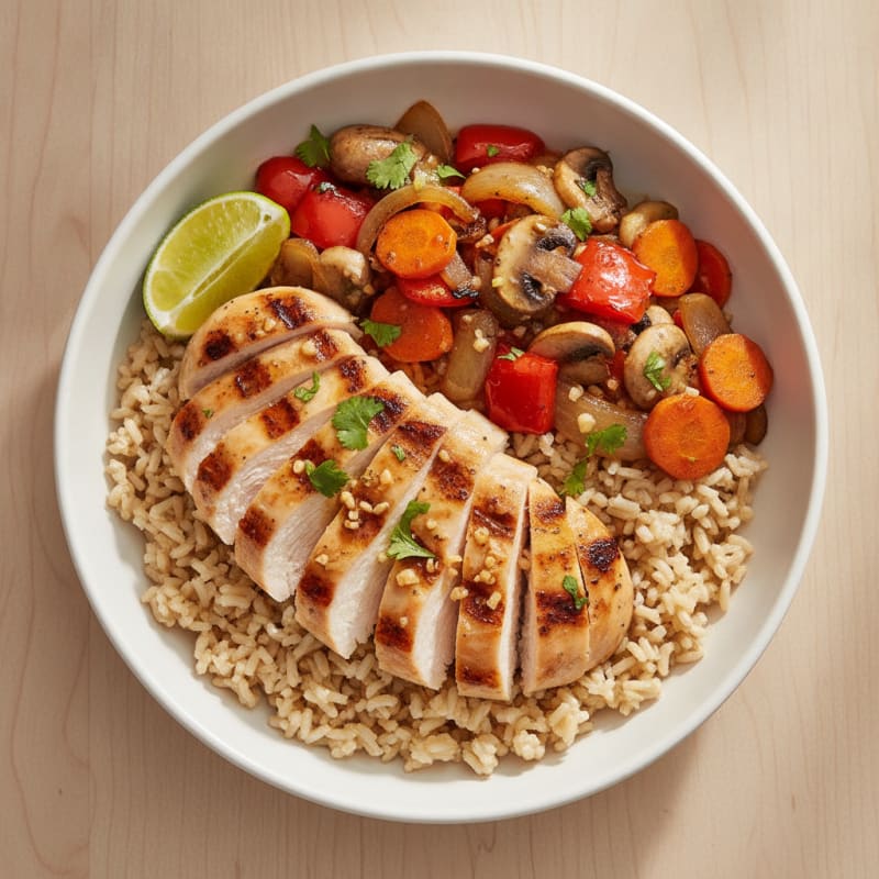 Grilled Chicken Rice Bowl with Roasted Peppers and Onions
