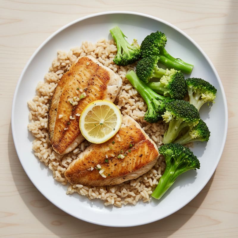 Seared Tilapia with Steamed Broccoli and Brown Rice
