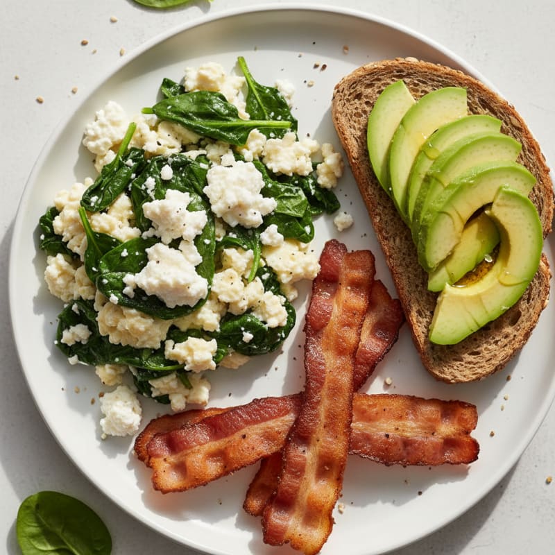 Egg White and Spinach Scramble with Cottage Cheese and Turkey Bacon