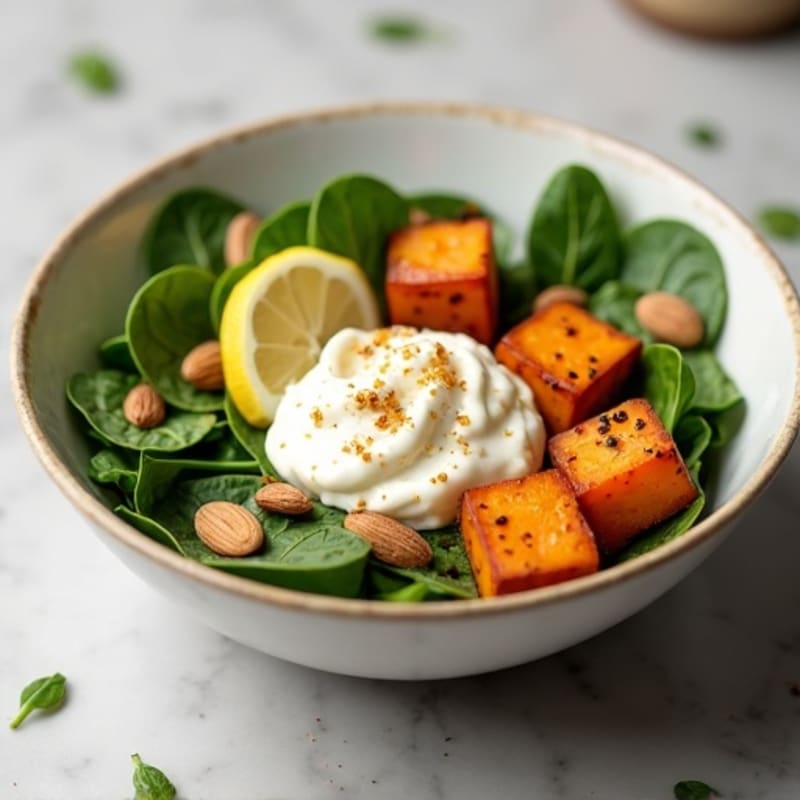 Creamy Cottage Cheese Bowl with Roasted Sweet Potatoes and Fresh Greens