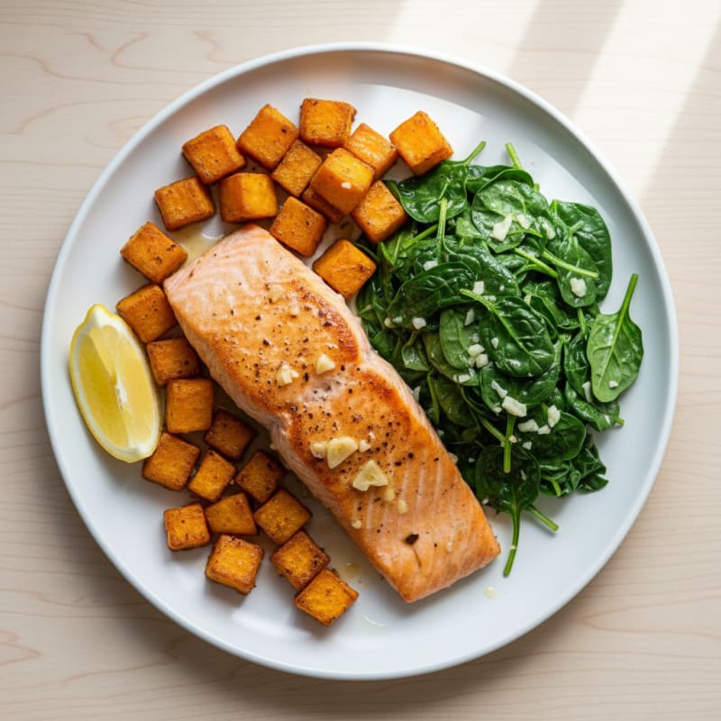 Seared Salmon with Garlic Spinach and Roasted Sweet Potato