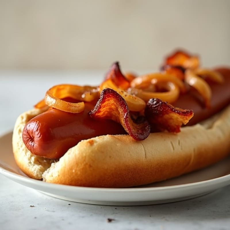 Lean Turkey Dogs with Turkey Bacon and Caramelized Onions