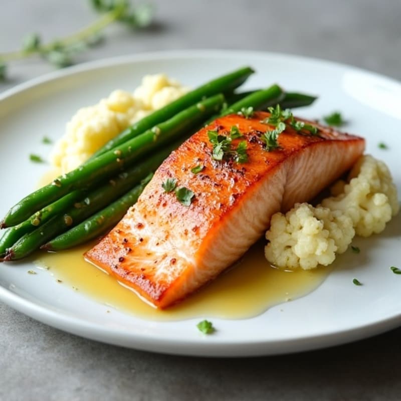 Seared Salmon with Steamed Green Beans and Garlic Mashed Cauliflower