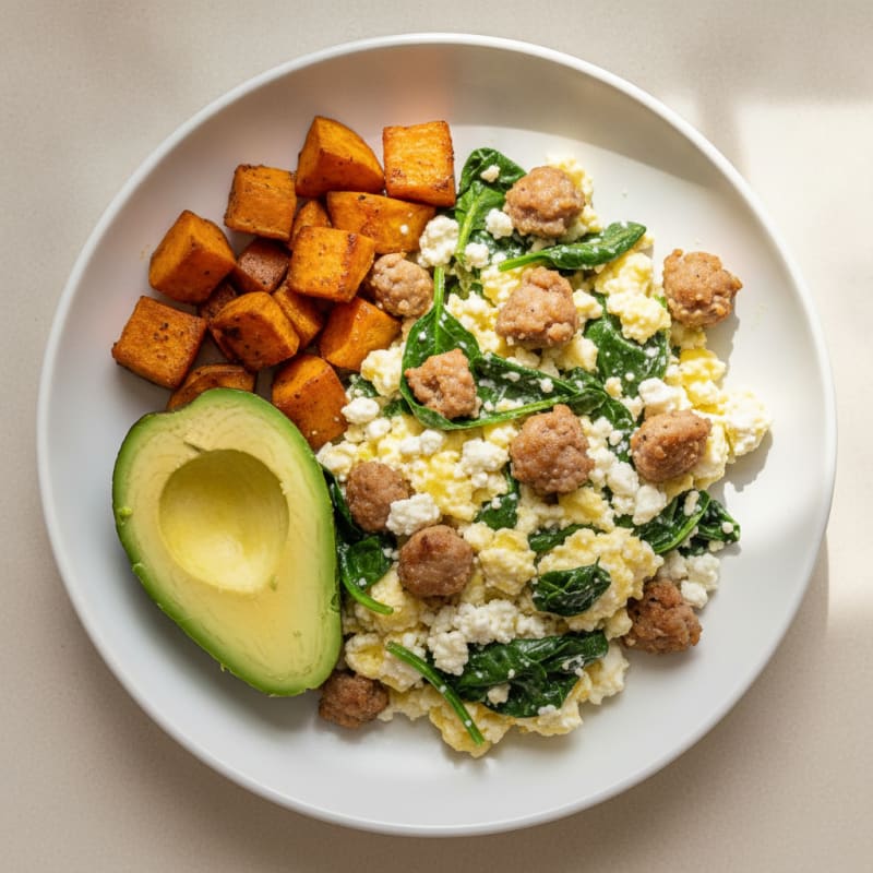 Creamy Cottage Cheese Scramble with Turkey Sausage and Sautéed Spinach