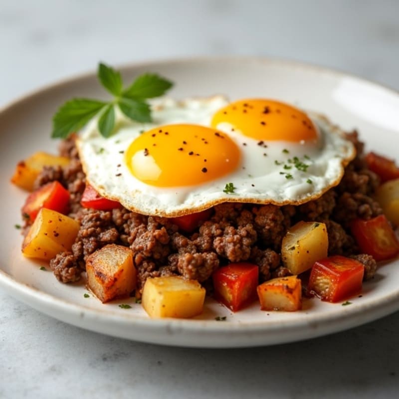 Crispy Potato and Grass-Fed Beef Hash with Sunny-Side Up Eggs