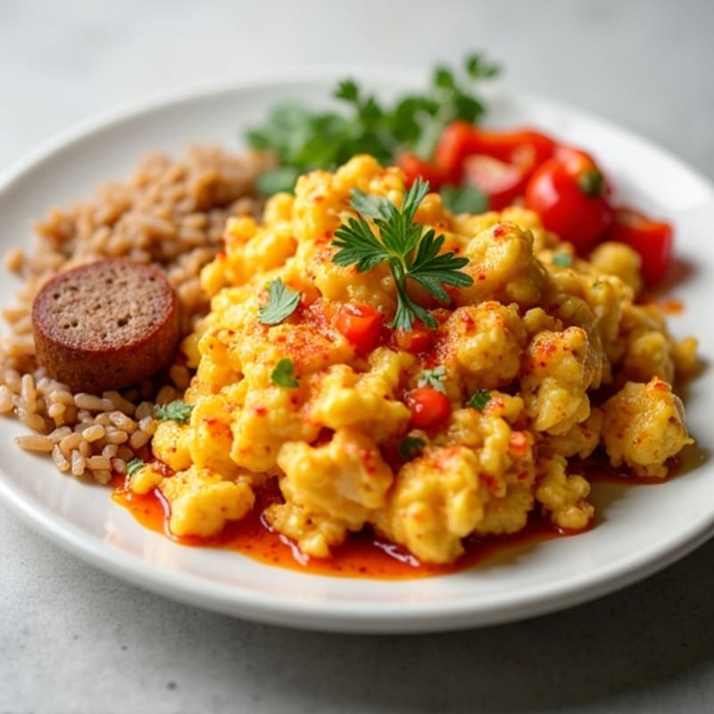 Spicy Scrambled Eggs with Chicken Sausage and Brown Rice