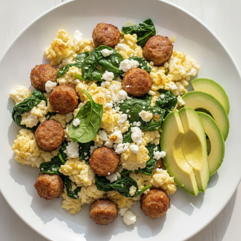 Egg White and Turkey Sausage Scramble with Spinach and Feta
