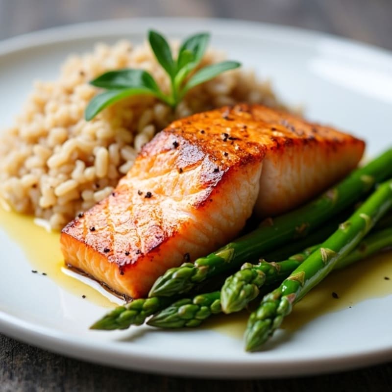 Seared Salmon with Steamed Asparagus and Brown Rice