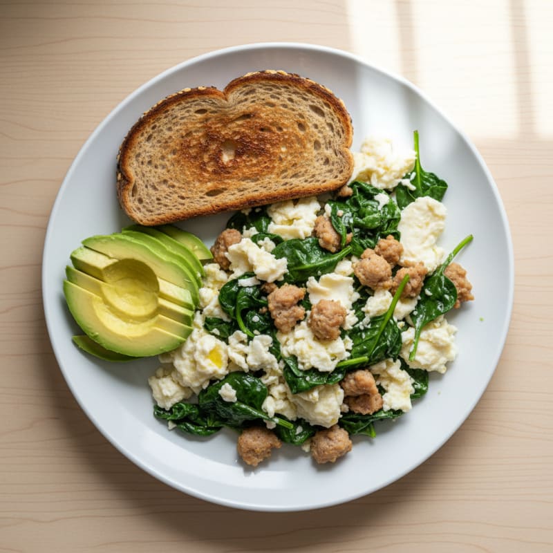 Egg White Spinach Scramble with Turkey Sausage
