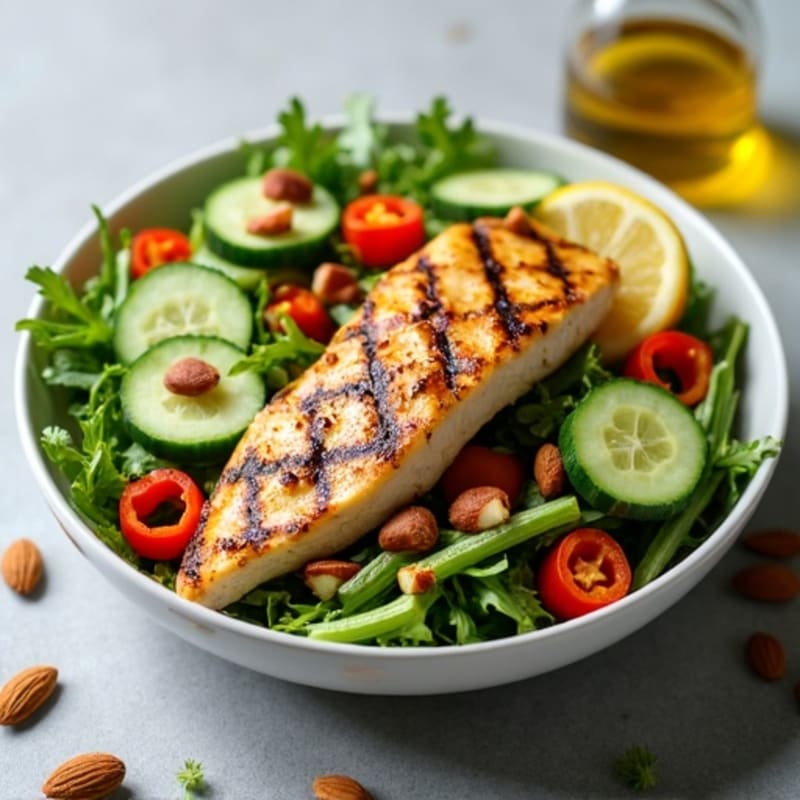 Grilled Chicken Breast Salad with Cucumber and Red Pepper